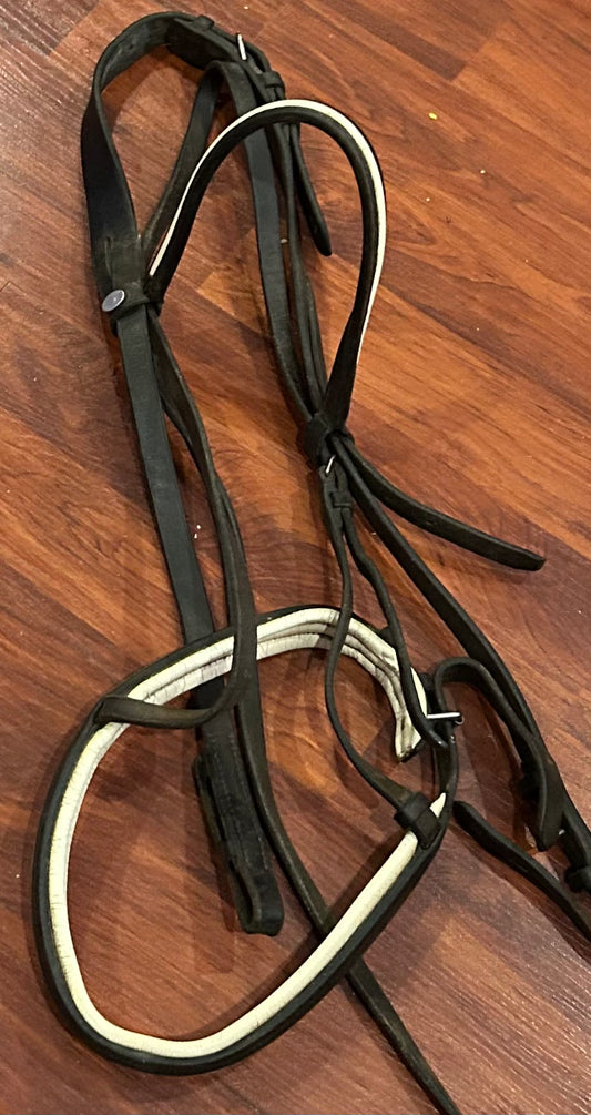 Older full size dressage bridle. Faded black.