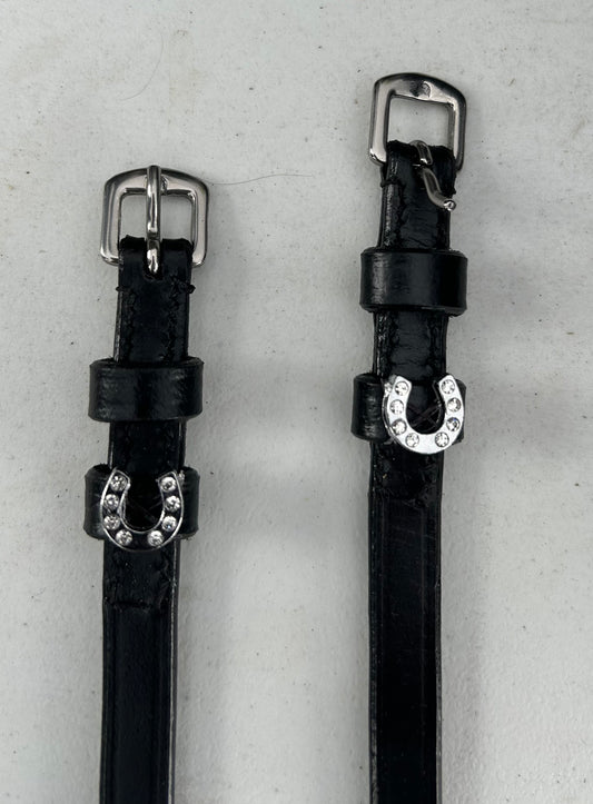 Black leather spur straps horse shoe charm