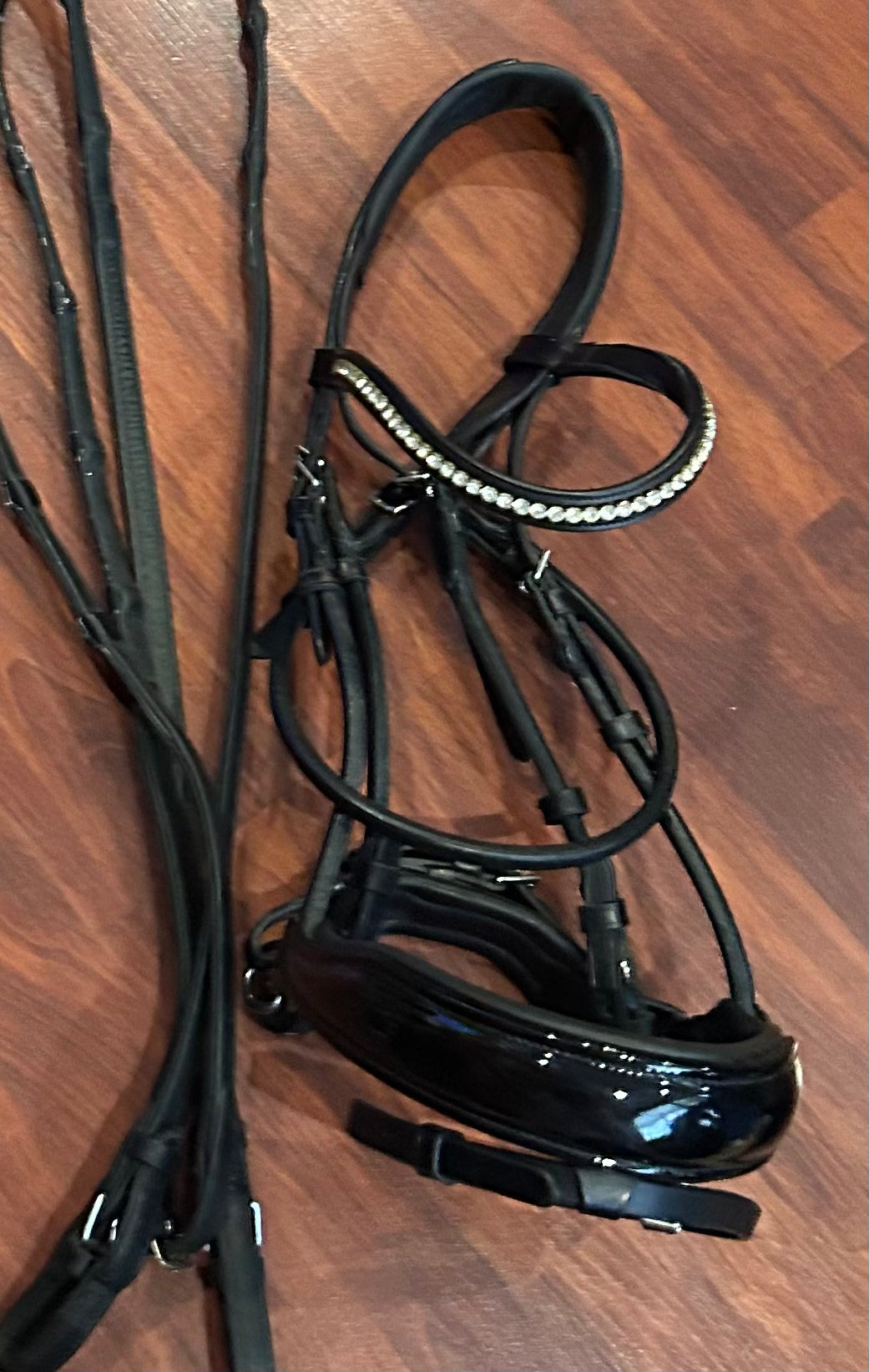 Schockemohle full size black patent rolled snaffle bridle