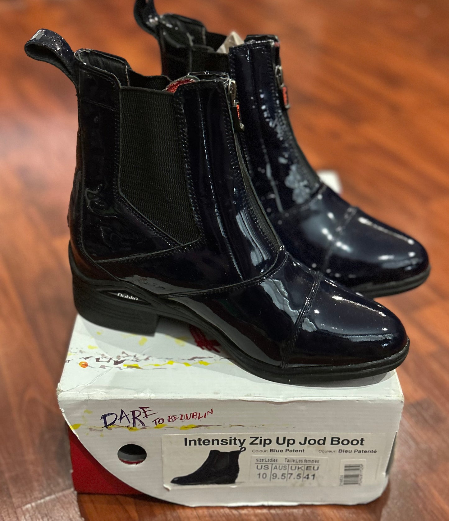 Dublin size 10 intensity zip up NAVY patent paddock boots. Brand new.