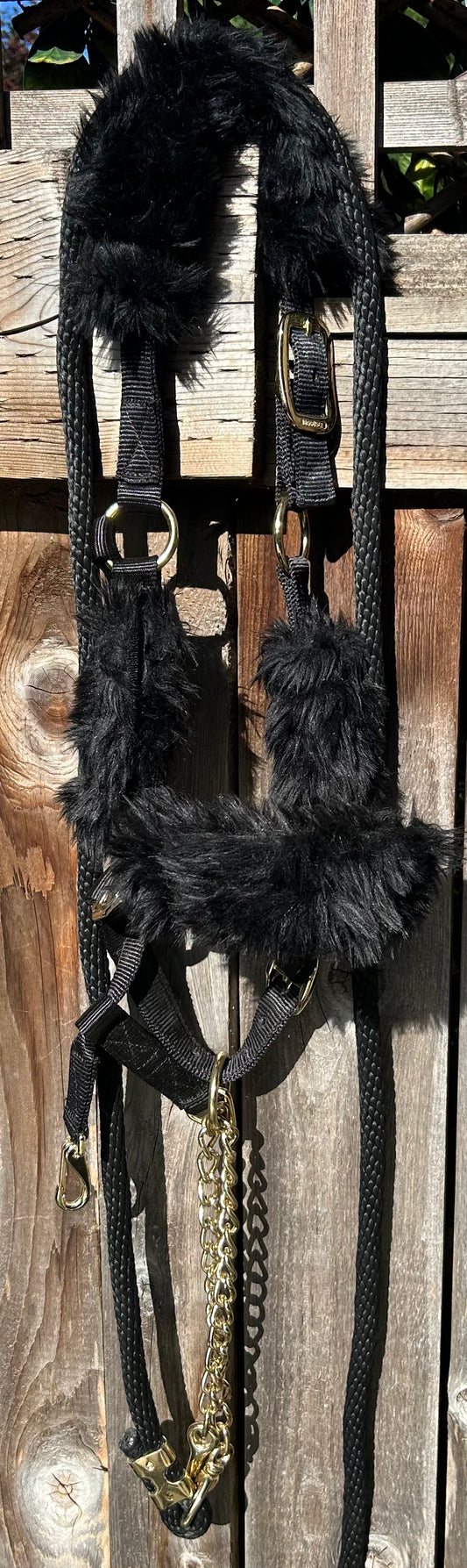 Shedrow black full size halter with fuzzies and lead rope with chain