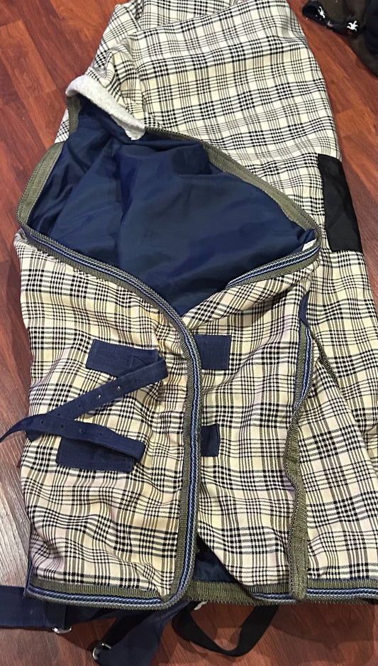 84” baker blanket. Some rips do not affect use. Repaired along side. Not waterproof.