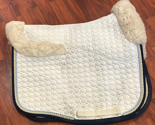 Mattes medium sheepskin dressage pad white with navy/blue/gold trim