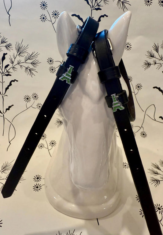 Black leather spur straps tower charm