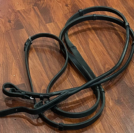Nunn finer Black 1/2” rolled leather rubber lined reins with hand stops. As new condition.