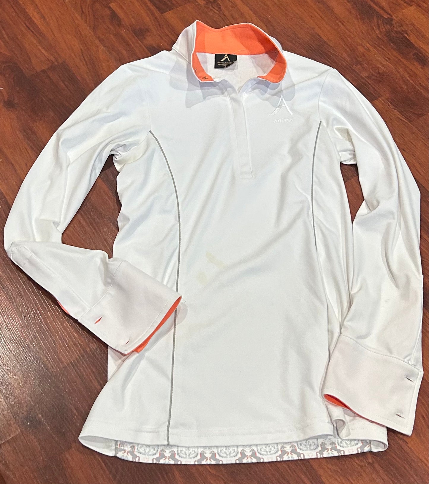 Arista small white/peach long sleeve show shirt. Some stains