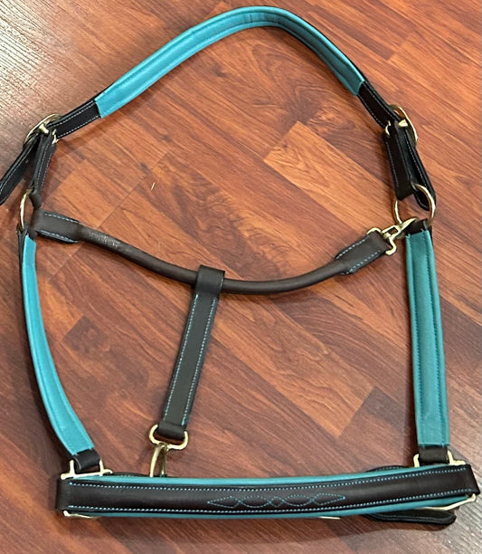 XL/WB brown/teal fancy stitch leather halter