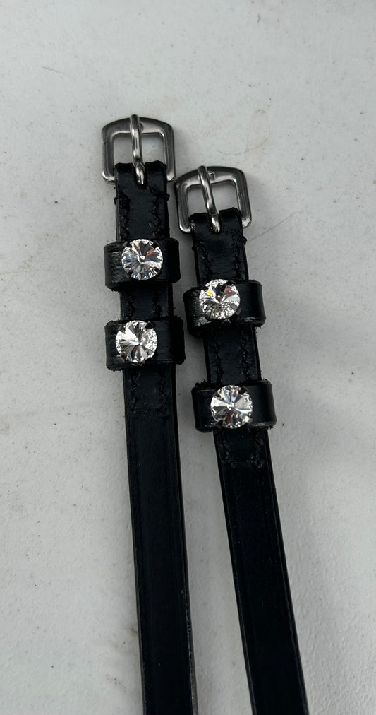 Black leather spur straps glitter stone charm