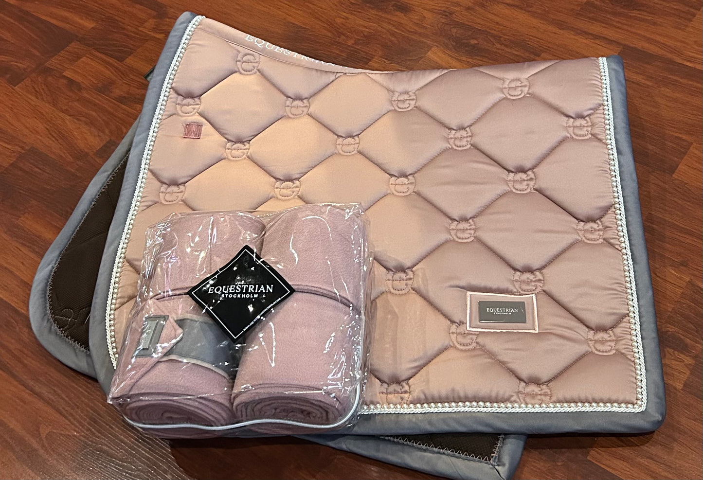 Equestrian Stockholm pink pearl Dressage pad with matching polo wraps