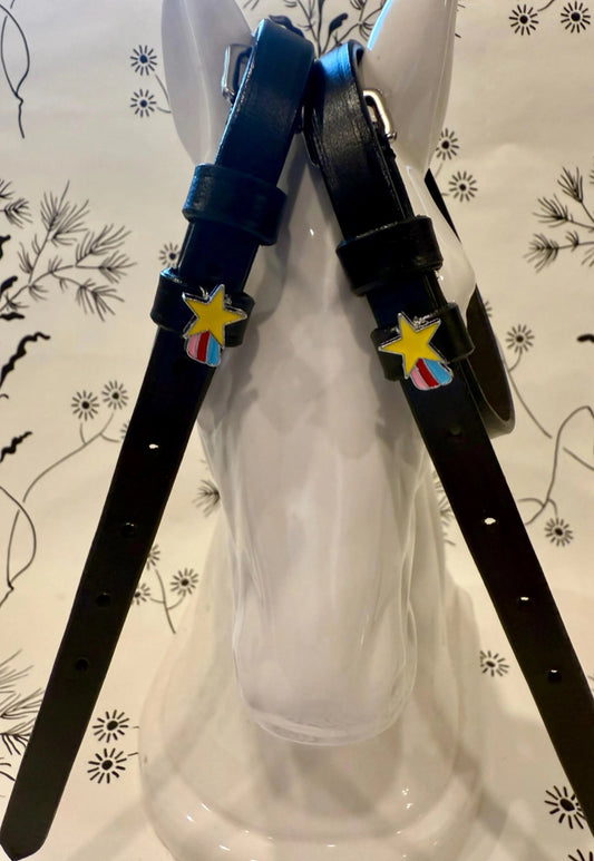 Black leather spur straps star charm