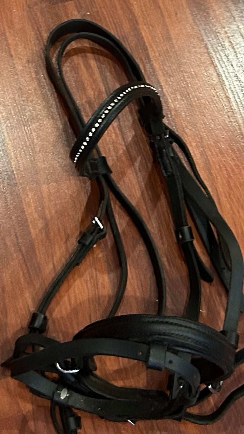 Full size black bridle with crank and bling browband