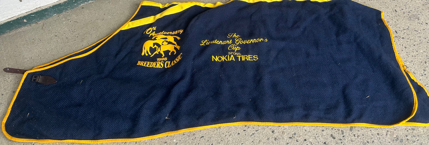 Large (78-80”) wool cooler blue with yellow. Embroidered. No straps