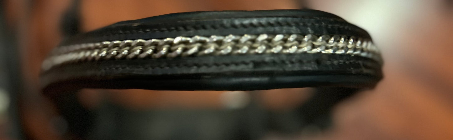 Black leather snaffle bridle with chain decoration