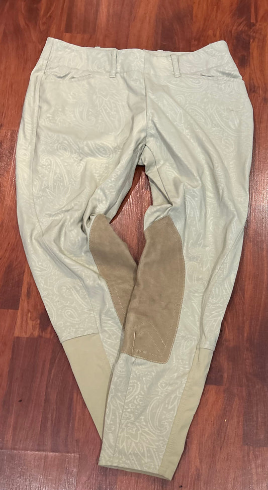 28R Ariat Pro side zip knee patch breeches. Tan with pattern.