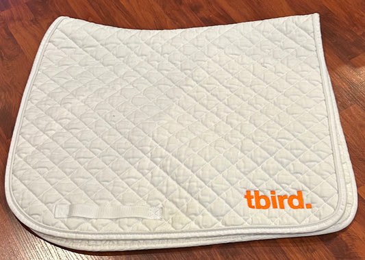 Tbird white with orange dressage pad. Thinner