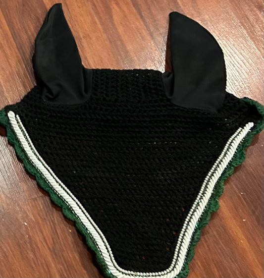 Black with green trim and bling warmblood fly bonnet