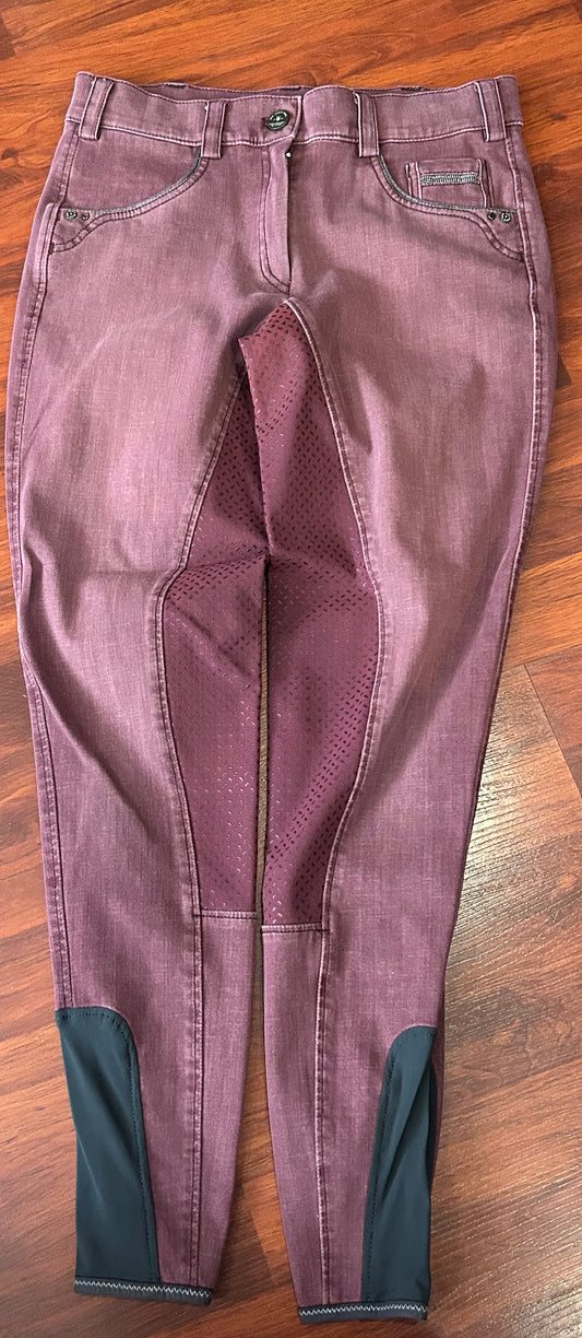 Pikeur size 28 distressed burgundy silicone full seat breeches. Sock ankles
