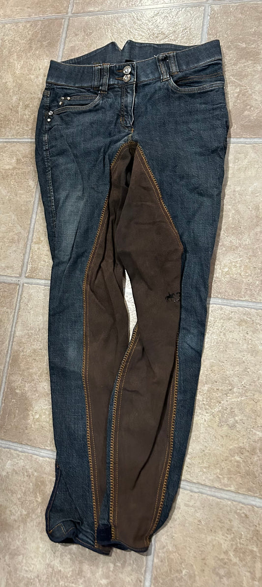 HKM size 28 denim full seat breeches with brown seat