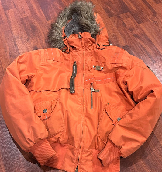 Mountain horse medium orange jacket. Removable faux fur hood