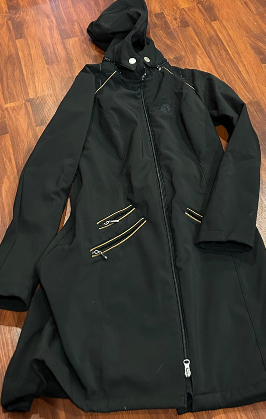Arista XS long black jacket. Removable hood. One zipper pull damaged but usable
