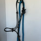 Mustang full size black stiff rope halter and blue lead