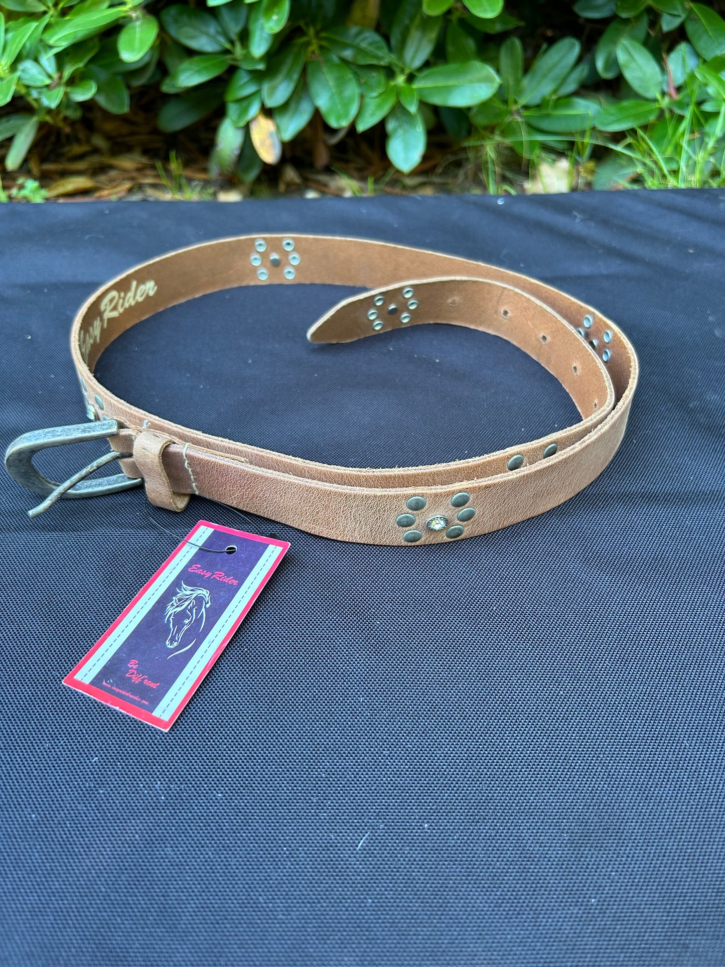 Brown leather belt with stones 100 cm (39")