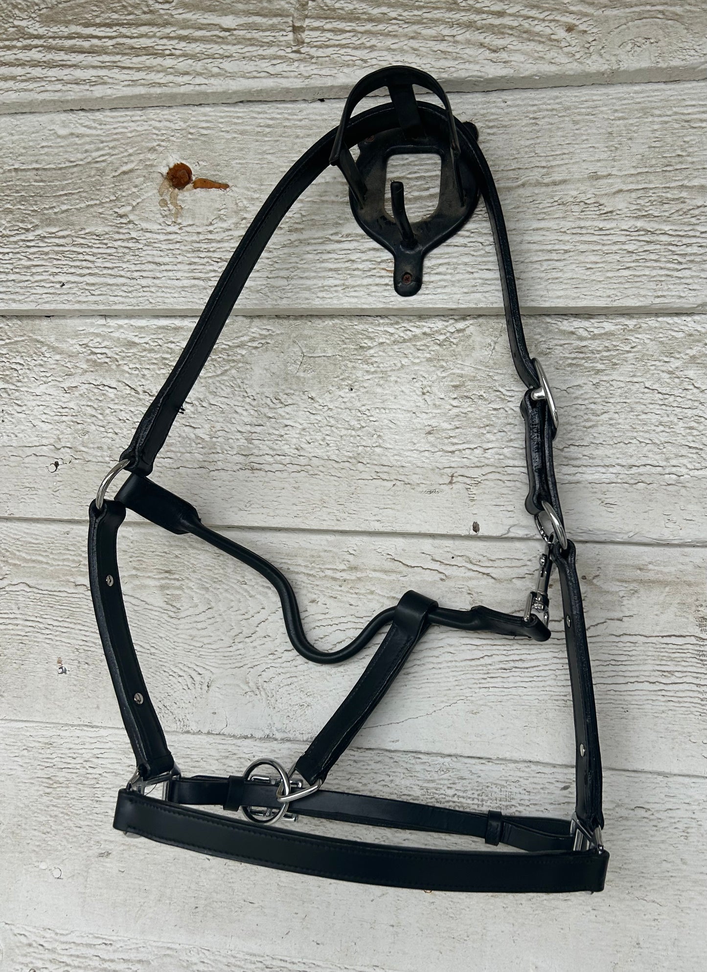 Full ride black leather halter with chrome hardware. Adjusts at chin. Clip. Has rivets on both cheek pieces. Brand new.