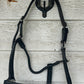 Black full size leather halter with white triple stitching. Chrome hardware